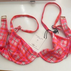 Skatie Pink & Coral Plaid Underwire Bikini Top size small
